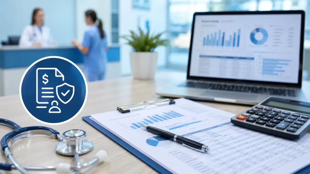 Healthcare revenue cycle management workspace featuring financial reports, calculator, laptop with billing analytics dashboard, stethoscope, and medical billing documents representing accounts receivable recovery services for clinics.