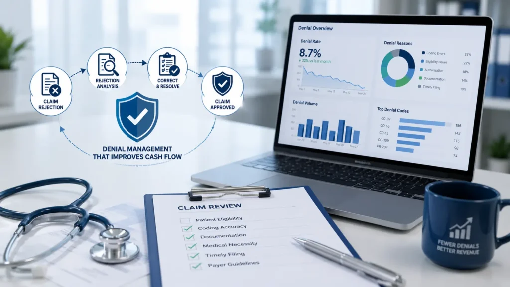 Healthcare denial management concept showing a medical billing workstation with a laptop displaying claim denial analytics, a clipboard checklist, stethoscope, and workflow graphics illustrating the process of reviewing, correcting, and approving insurance claims to improve revenue cycle performance.