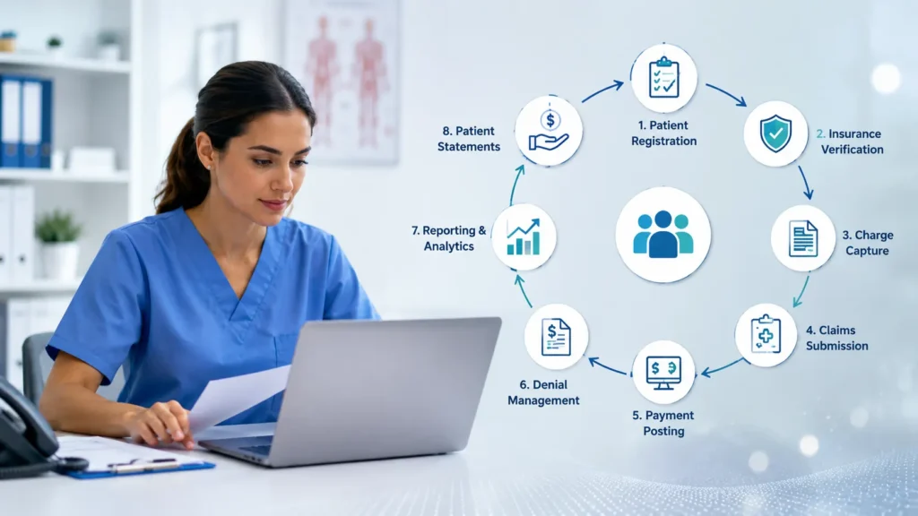 Healthcare revenue cycle management professional reviewing billing and claims data on a laptop, with a visual workflow illustrating patient registration, insurance verification, charge capture, claims submission, payment posting, denial management, reporting, and patient billing processes in a modern medical office.