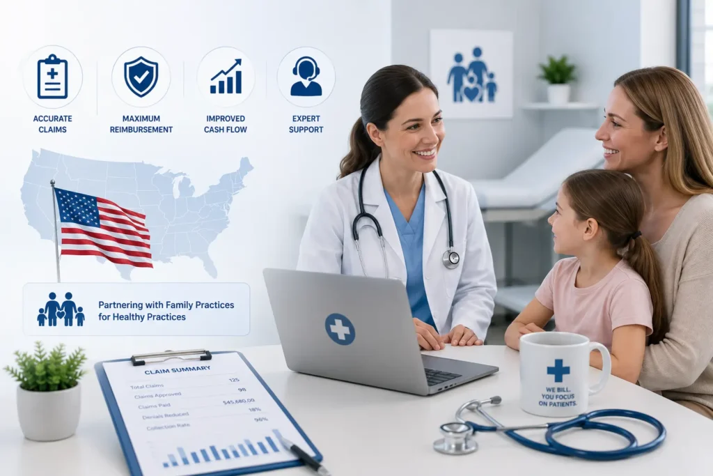Healthcare provider discussing care with a family in a modern clinic while medical billing and revenue cycle management icons are displayed, representing family practice medical billing services across the USA.