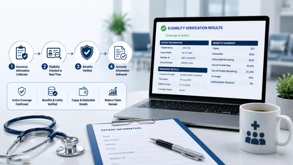 Professional healthcare administration workspace showing insurance eligibility verification workflow, laptop with patient coverage details, medical documents, stethoscope, and verification process icons in a modern clinical office setting.