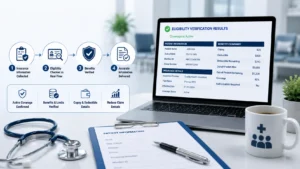 Professional healthcare administration workspace showing insurance eligibility verification workflow, laptop with patient coverage details, medical documents, stethoscope, and verification process icons in a modern clinical office setting.