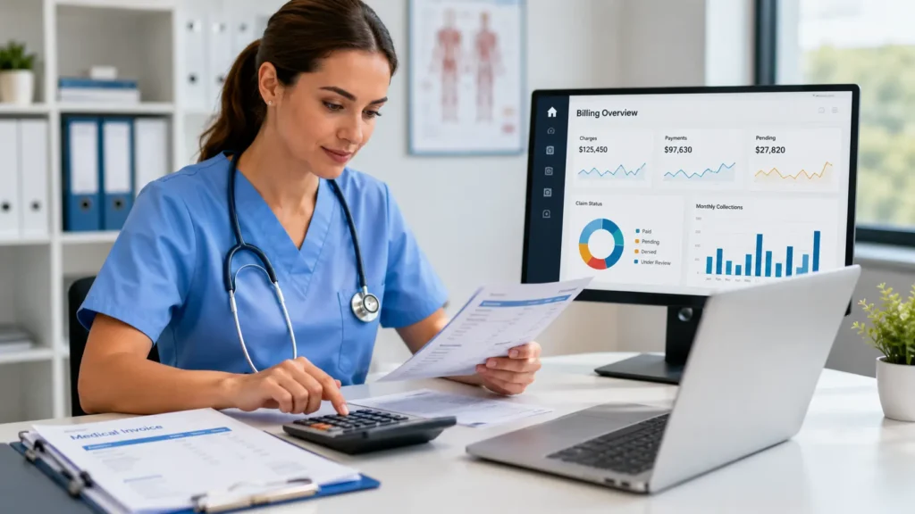 Healthcare professional reviewing medical billing documents and insurance claims on a computer with billing analytics dashboard in a modern medical office setting.