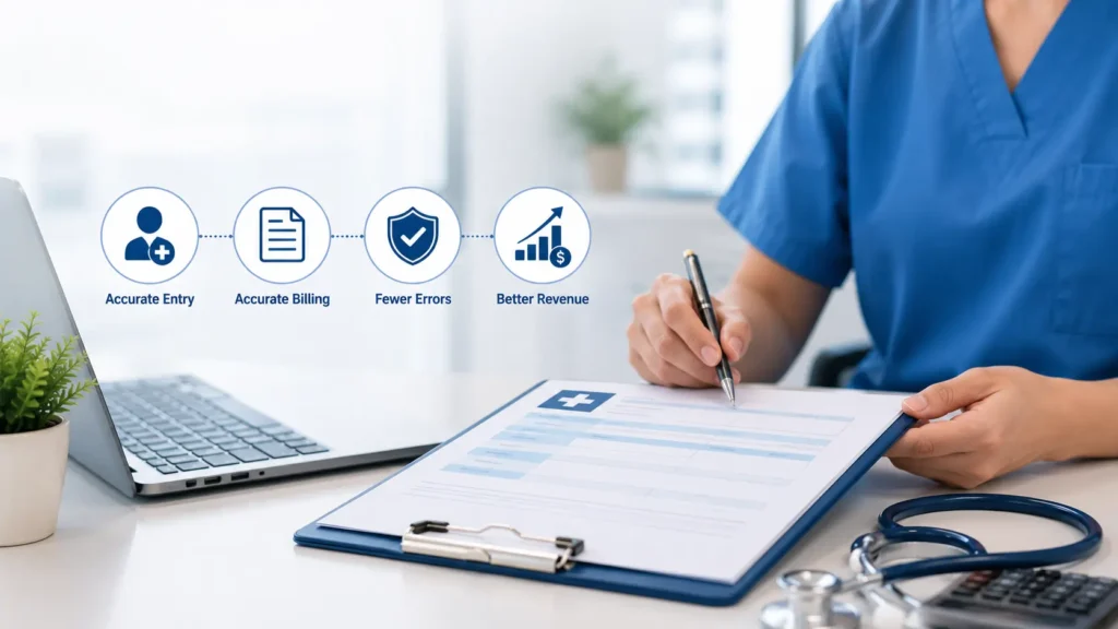 Healthcare professional reviewing patient billing information on a clipboard in a modern medical office, with a laptop, stethoscope, and minimal billing workflow icons representing accurate medical charge entry and revenue cycle management.