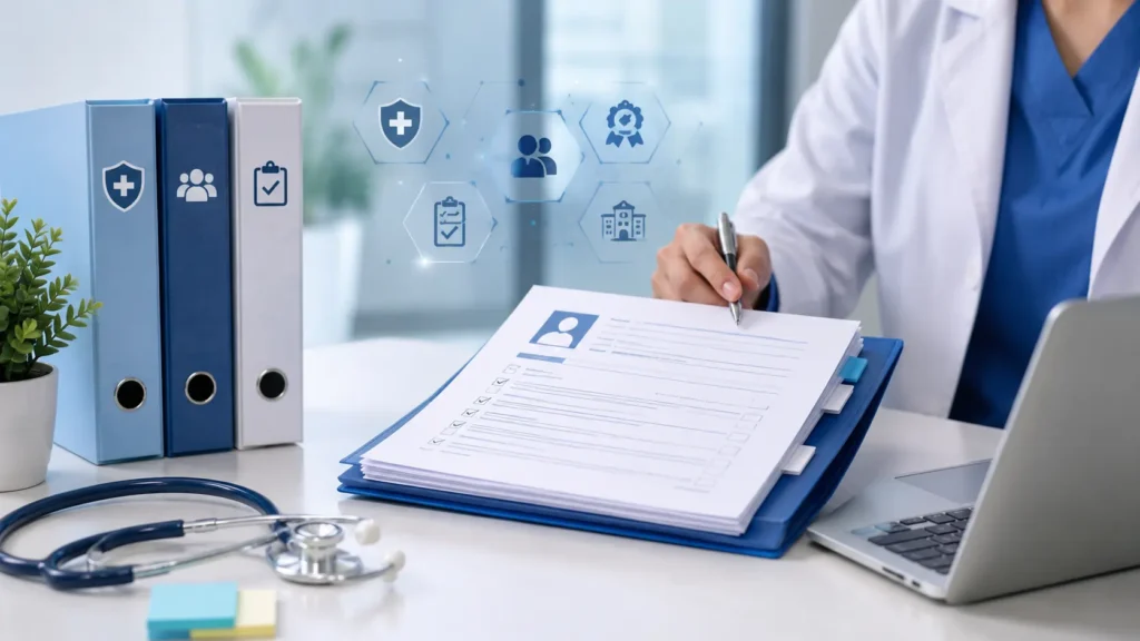 Healthcare professional reviewing provider credentialing documents at a modern medical office desk with organized files, laptop, stethoscope, and digital compliance icons representing medical credentialing and clinic administration services.