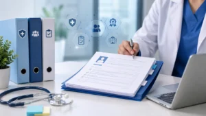 Healthcare professional reviewing provider credentialing documents at a modern medical office desk with organized files, laptop, stethoscope, and digital compliance icons representing medical credentialing and clinic administration services.