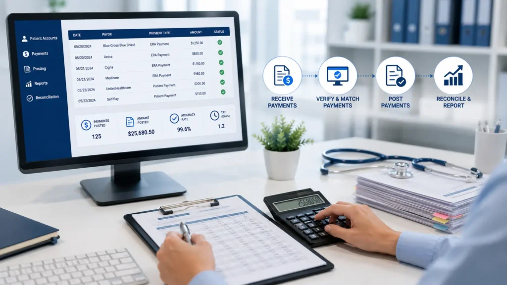Healthcare payment posting and medical billing workspace featuring a financial dashboard on a computer monitor, payment records, calculator, clipboard, and medical office tools in a modern clinical environment, representing accurate payment reconciliation and revenue cycle management.