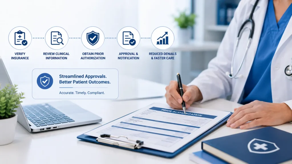Healthcare professional reviewing prior authorization documents in a modern medical office with workflow icons representing insurance verification, clinical review, approval processing, and streamlined patient care.