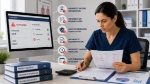 Common Medical Billing Errors includes denied claims, incorrect patient information, missing codes, and delayed insurance reimbursements.