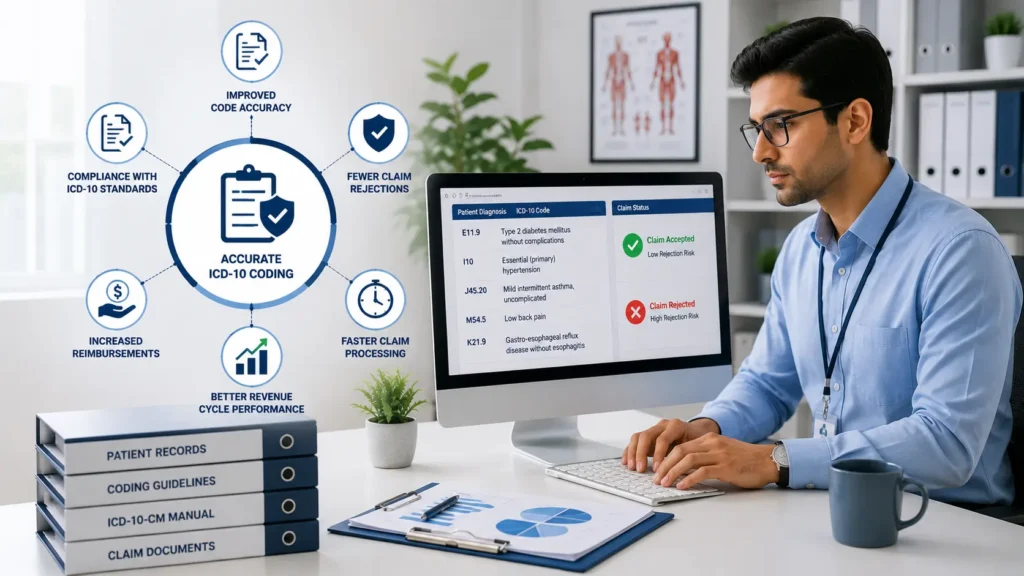 ICD 10 coding accuracy helps reduce medical claim rejection rates, improve reimbursement outcomes, and support efficient revenue cycle management.