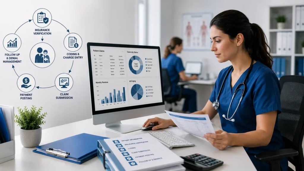 Medical billing services professional managing claims, insurance verification, and revenue cycle management data in a modern healthcare office.