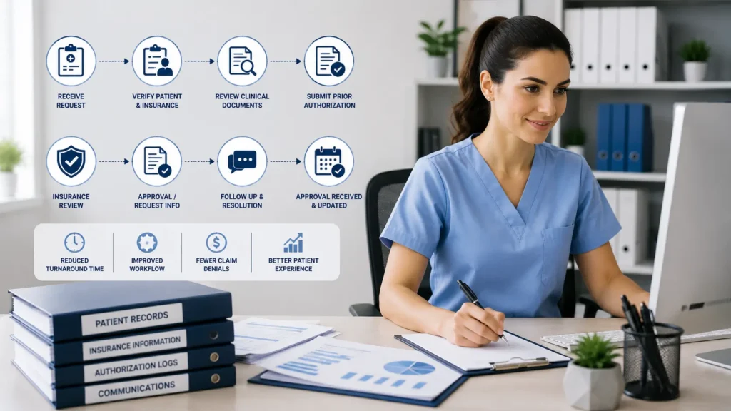 Prior Authorization Services specialist reviewing patient records and insurance documents