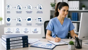 Prior Authorization Services specialist reviewing patient records and insurance documents