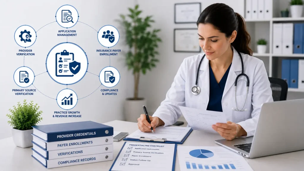 Professional healthcare office scene featuring a provider reviewing documents and credentialing paperwork, with infographic elements illustrating verification, payer enrollment, compliance, and practice growth benefits associated with medical credentialing services.