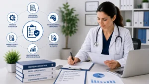 Professional healthcare office scene featuring a provider reviewing documents and credentialing paperwork, with infographic elements illustrating verification, payer enrollment, compliance, and practice growth benefits associated with medical credentialing services.