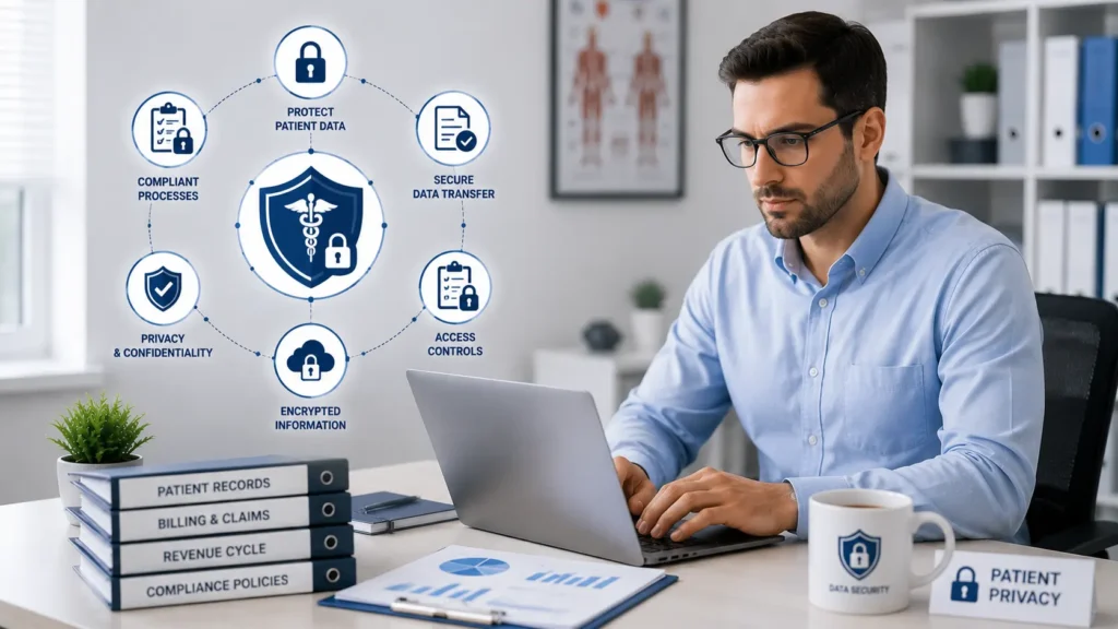 HIPAA compliance in medical billing and revenue cycle operations, patient data protection, secure information handling, and healthcare compliance standards.