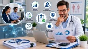 Professional healthcare office scene illustrating Outsource Medical Billing services, featuring a medical provider reviewing financial reports with billing analytics, claim management visuals, and revenue cycle optimization elements.